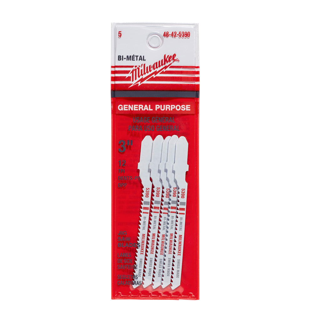 Five Milwaukee bi-metal jig saw blades, 3 inches long with 12 teeth per inch, in clear retail packaging.