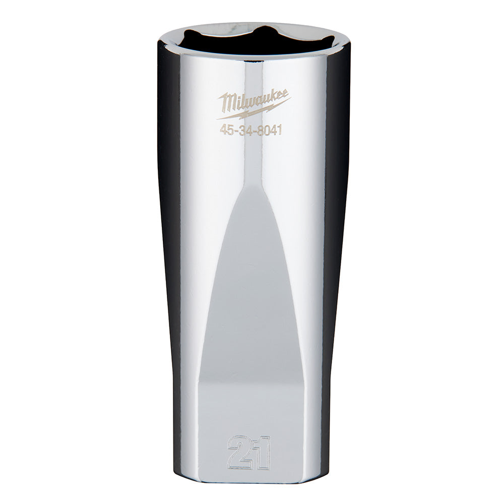 Polished chrome 3/8" drive deep socket with Milwaukee branding and model number, sized 21mm.