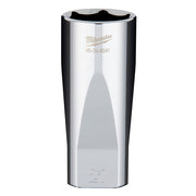 Polished chrome 3/8" drive deep socket with Milwaukee branding and model number, sized 21mm.