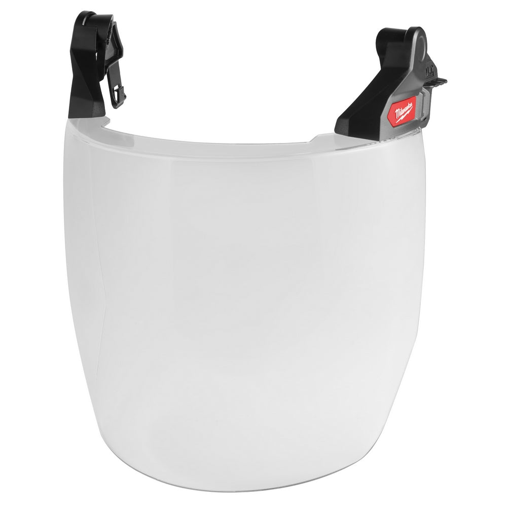 Clear full face shield with black mounting brackets and Milwaukee logo on right side.