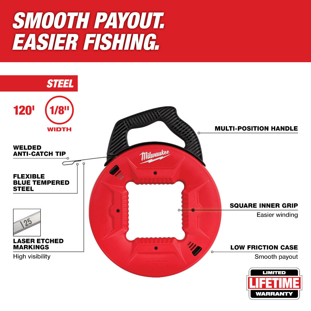 Milwaukee steel fish tape, 120 feet long and 1/8 inch wide, with red reel case and black handle.
