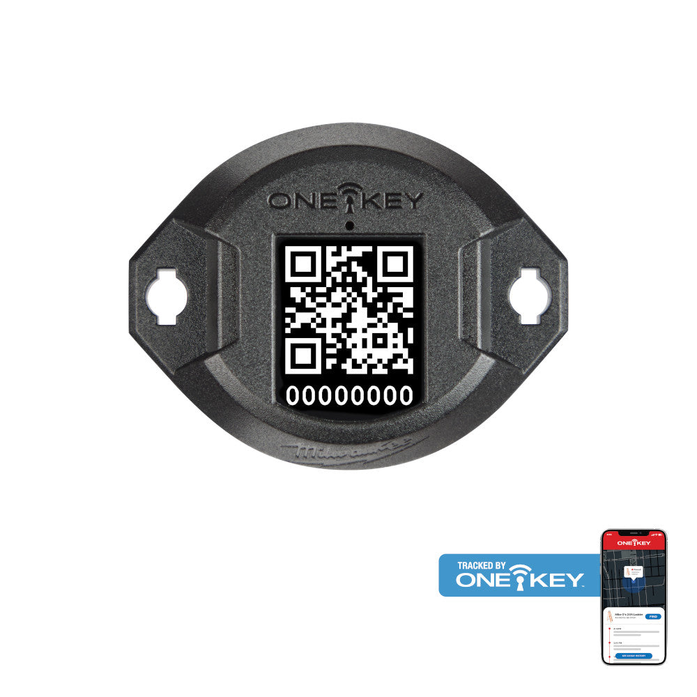 Black oval tracking tag with ONE-KEY text, QR code, serial number, and two mounting holes on sides.