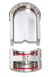 Milwaukee EXACT #8 copper 12T U-style die with labeled top and bottom components showing red bands and metal construction.