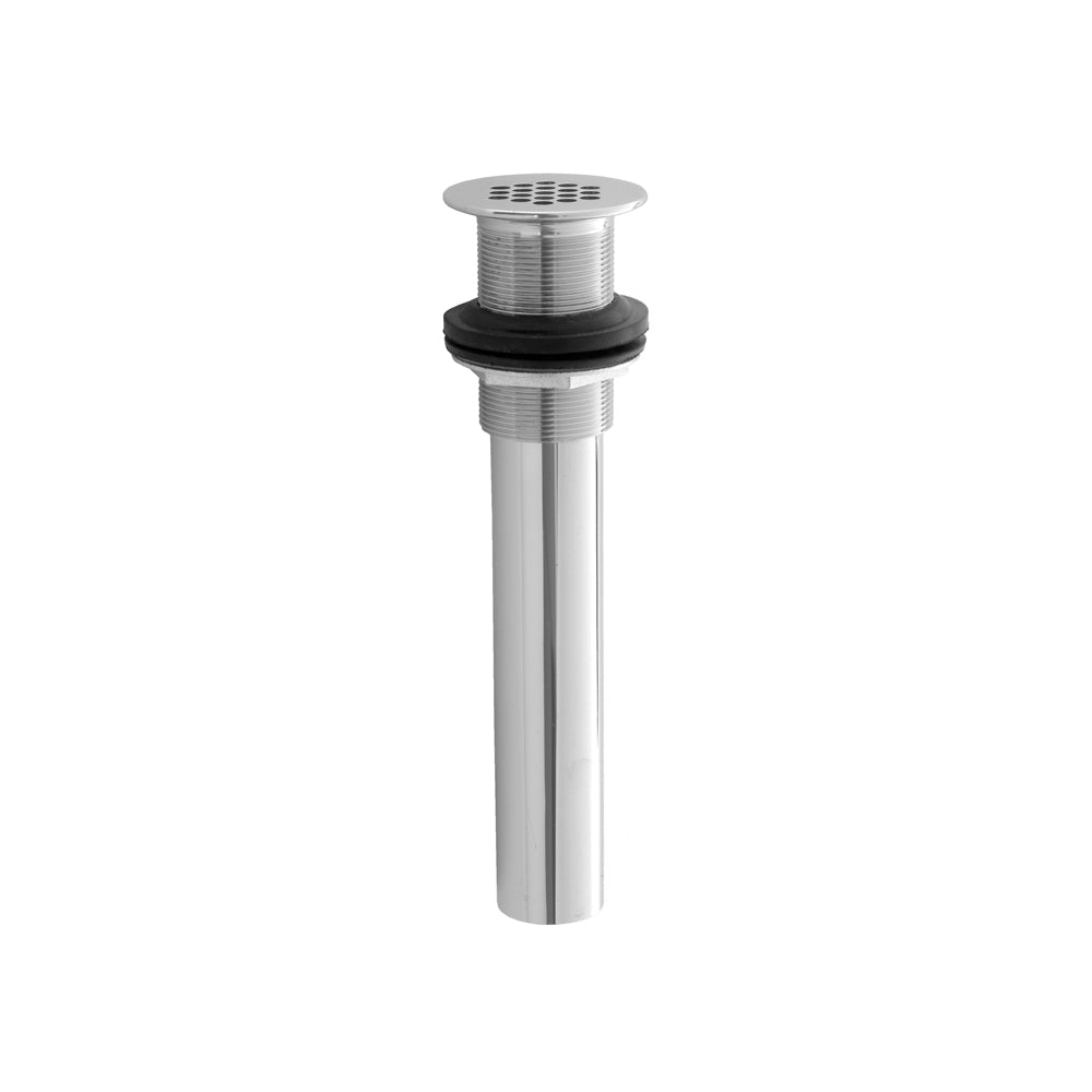 Polished gold grid lavatory drain with cylindrical body, threaded collar, and black rubber gasket.