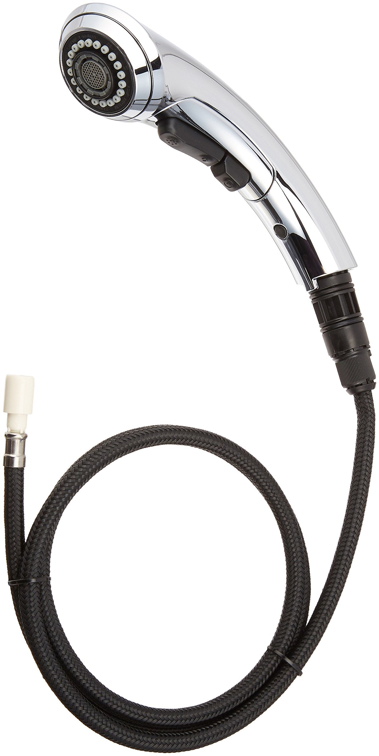 Chrome and black handheld shower wand with multiple spray holes and flexible hose attachment.