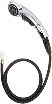 Chrome and black handheld shower wand with multiple spray holes and flexible hose attachment.