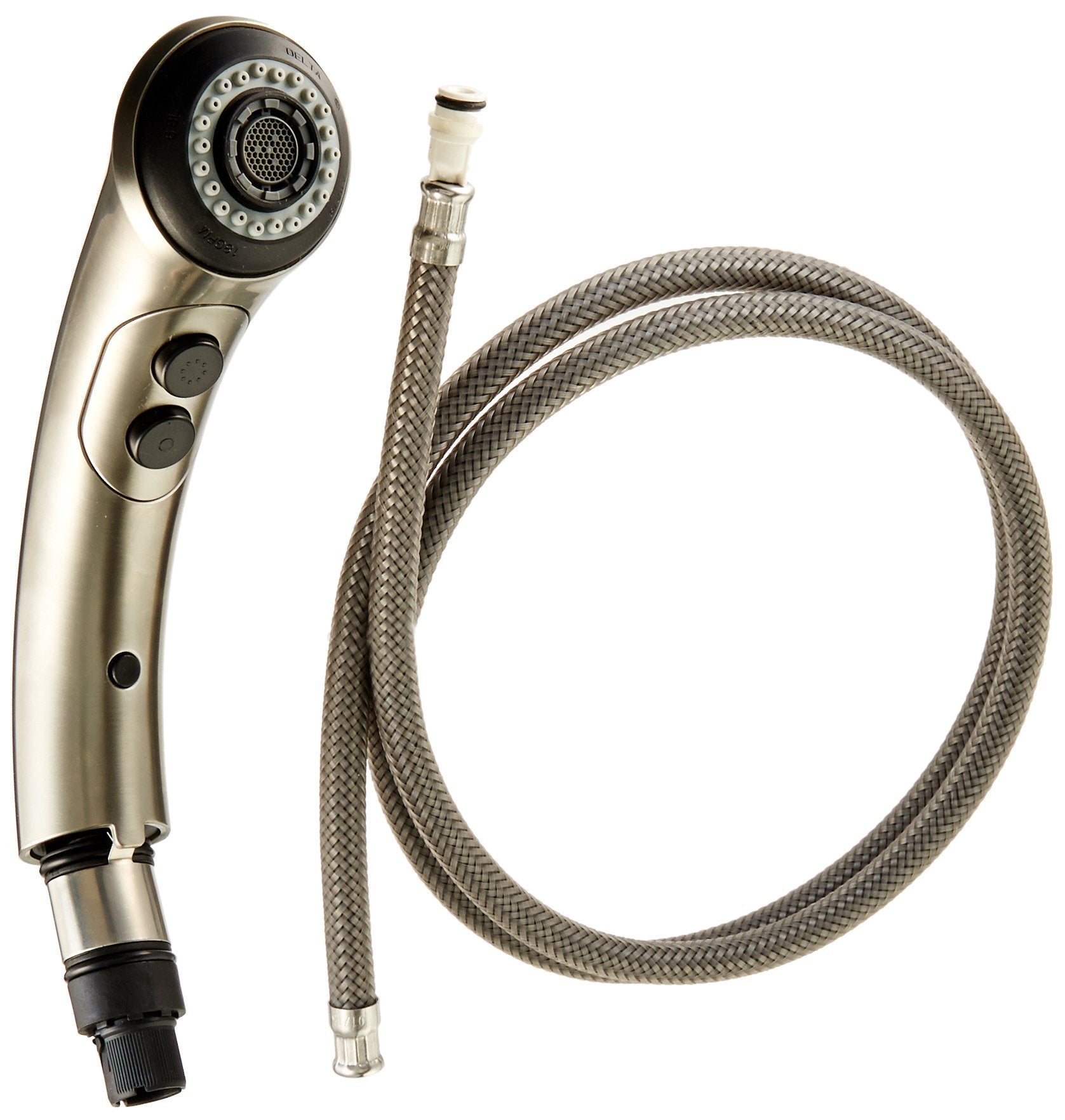 Stainless steel pull-out wand assembly with perforated showerhead, control buttons, and braided hose.