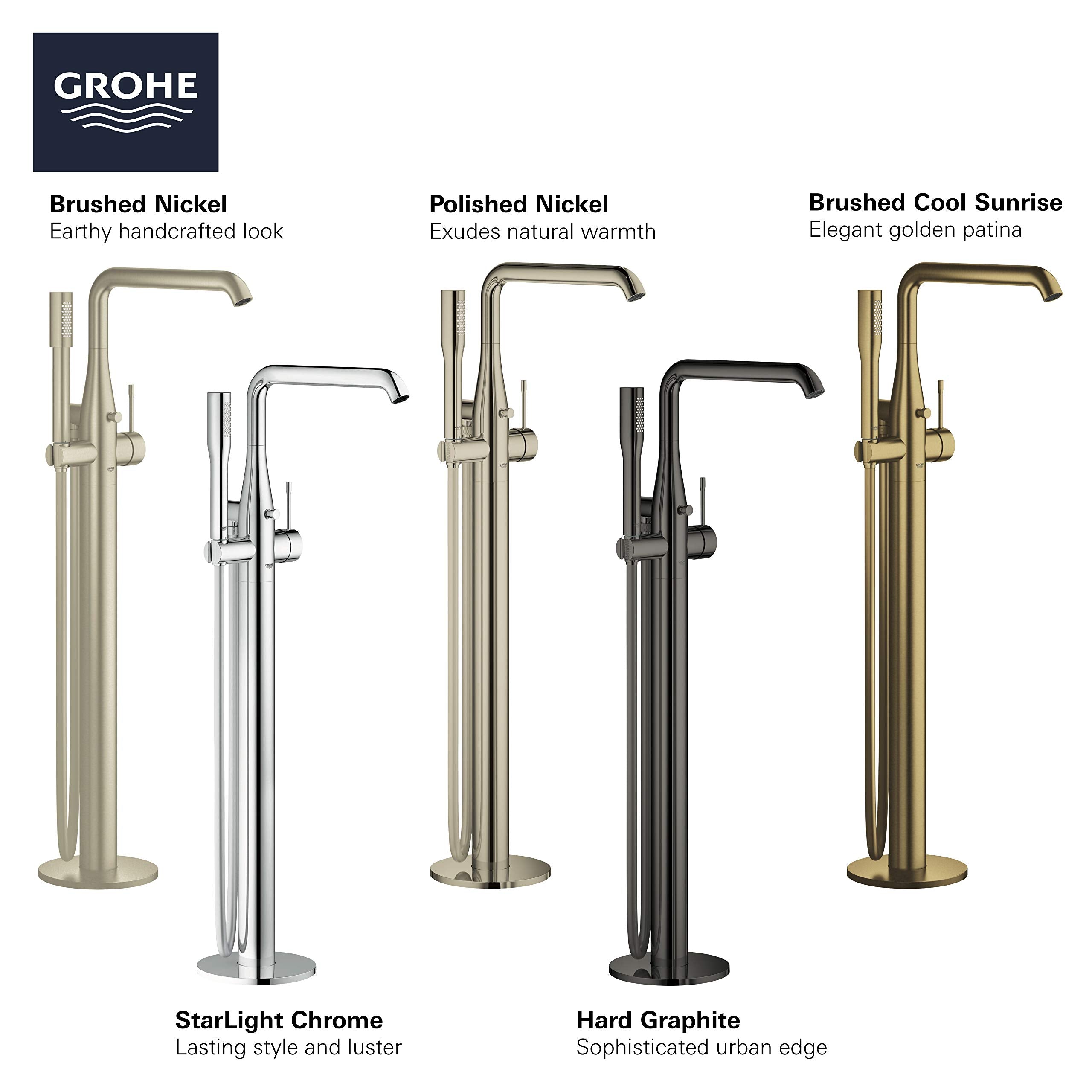 Grohe Essence freestanding tub faucets in five finishes: brushed nickel, polished nickel, brushed cool sunrise, StarLight chr