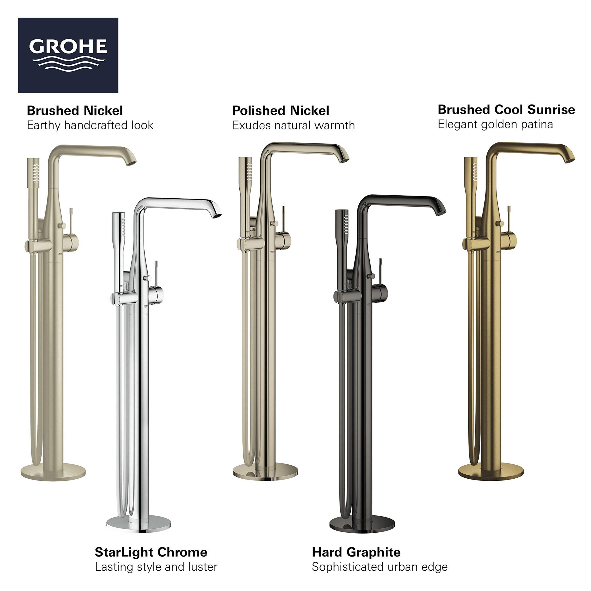 Grohe Essence brushed nickel freestanding tub faucet with single handle and hand shower shown with five finish options.