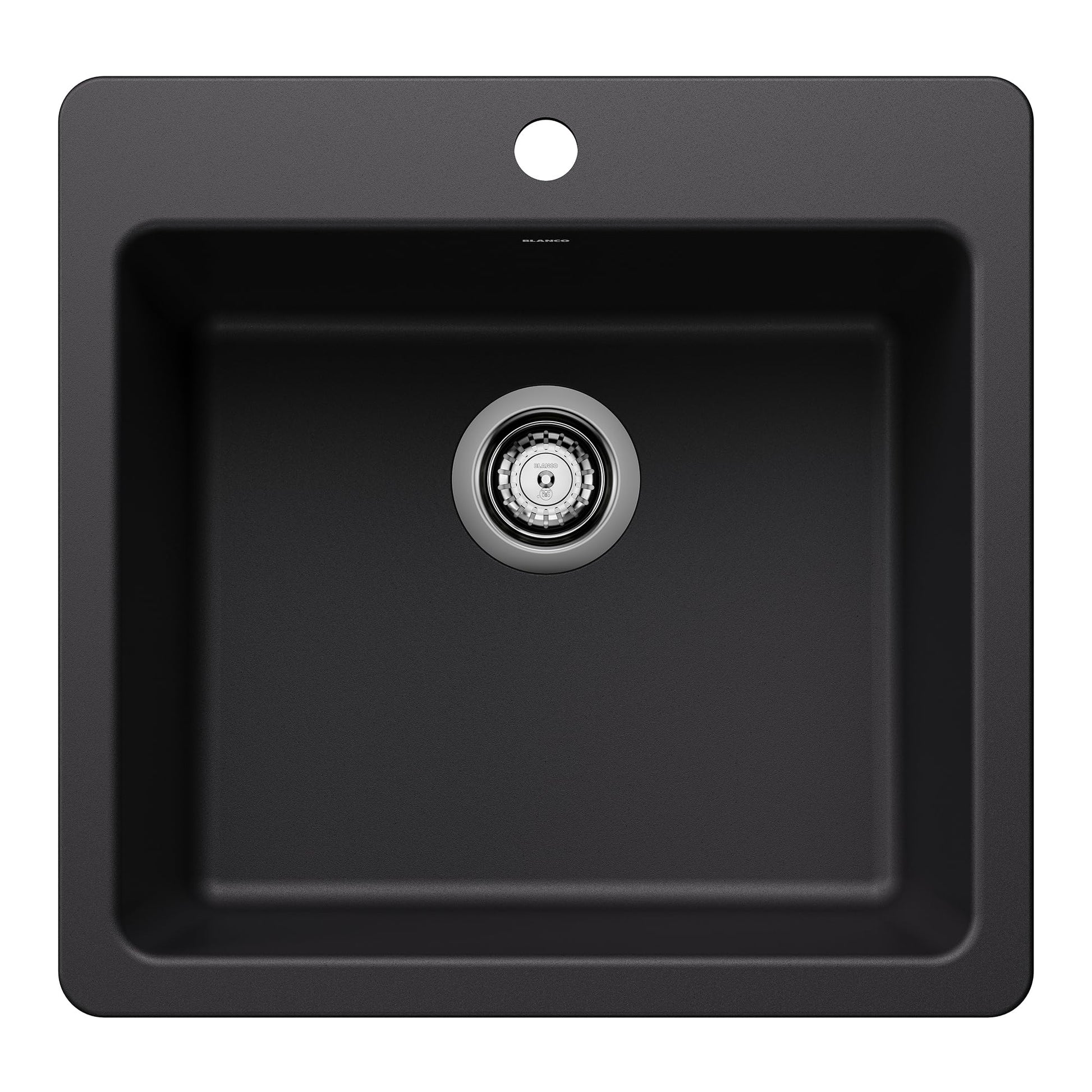 Coal black single bowl kitchen sink with chrome drain fixture and rounded corners, viewed from above.
