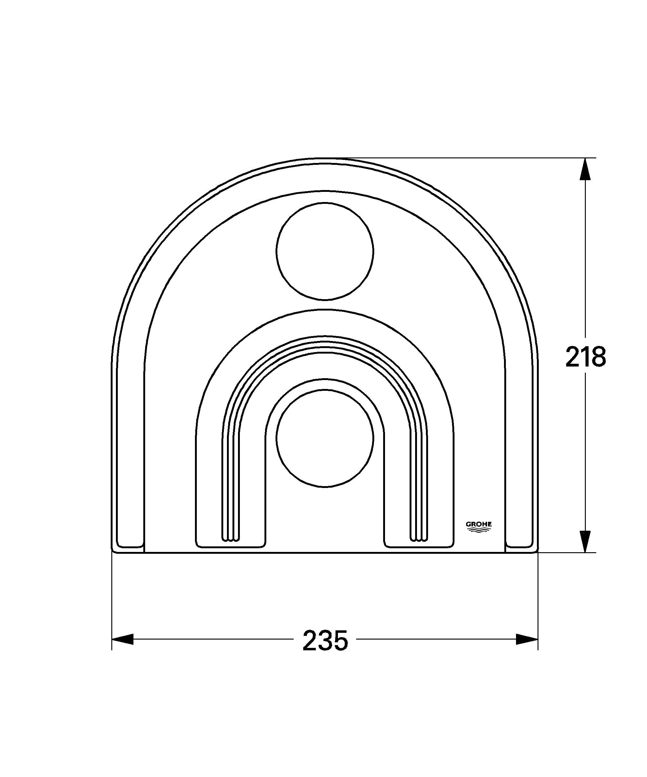 Grohe chrome escutcheon plate with arched design and concentric circular opening pattern, measuring 8-1/2" x 9-1/4".