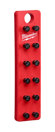 Red Milwaukee die tree with oval hanging hole and twelve black knurled knobs arranged in six pairs.