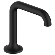 Matte black commercial lavatory faucet with curved spout and round base.