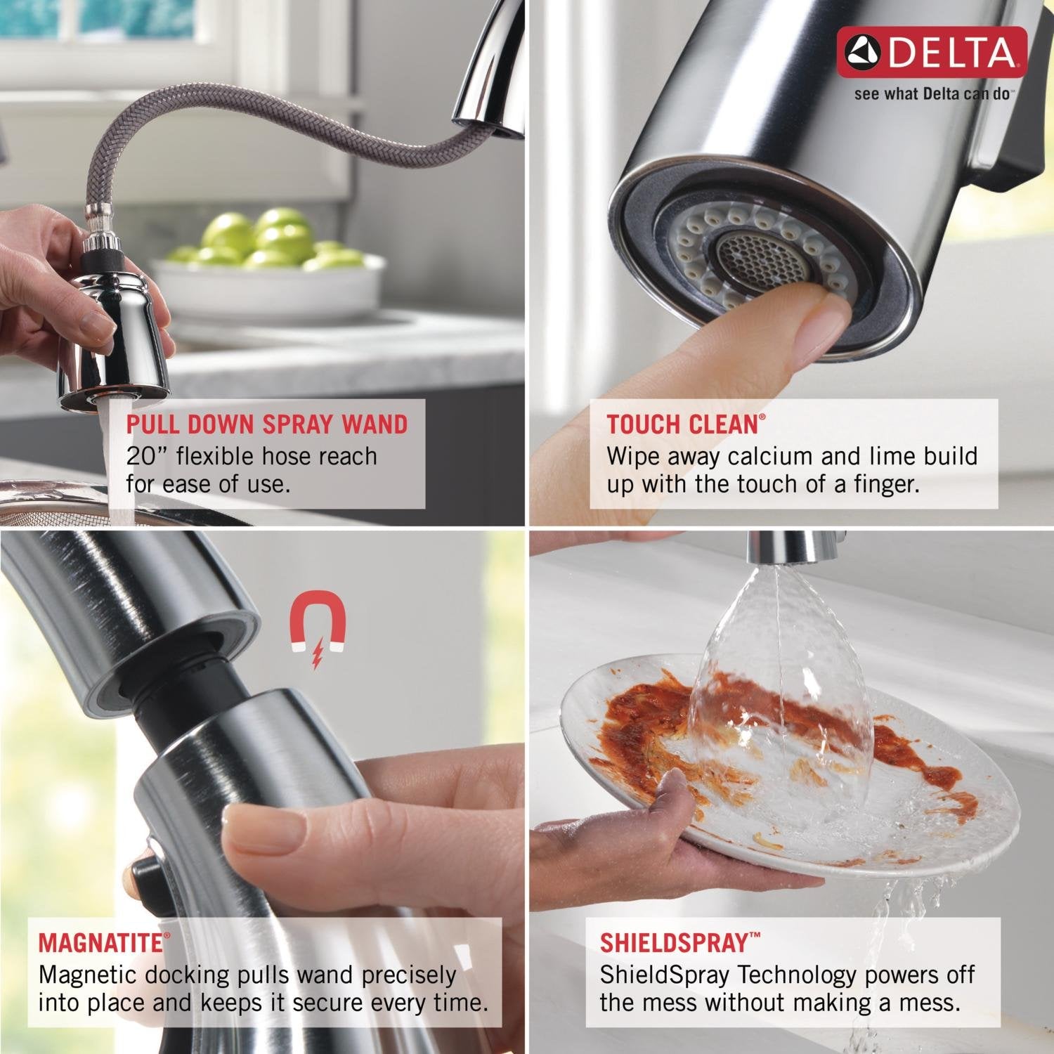 Stainless steel pull-down kitchen faucet with flexible hose, soap dispenser, and spray head with magnetic docking.