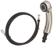 Stainless steel kitchen faucet wand assembly with multi-function spray head and black braided hose connector.