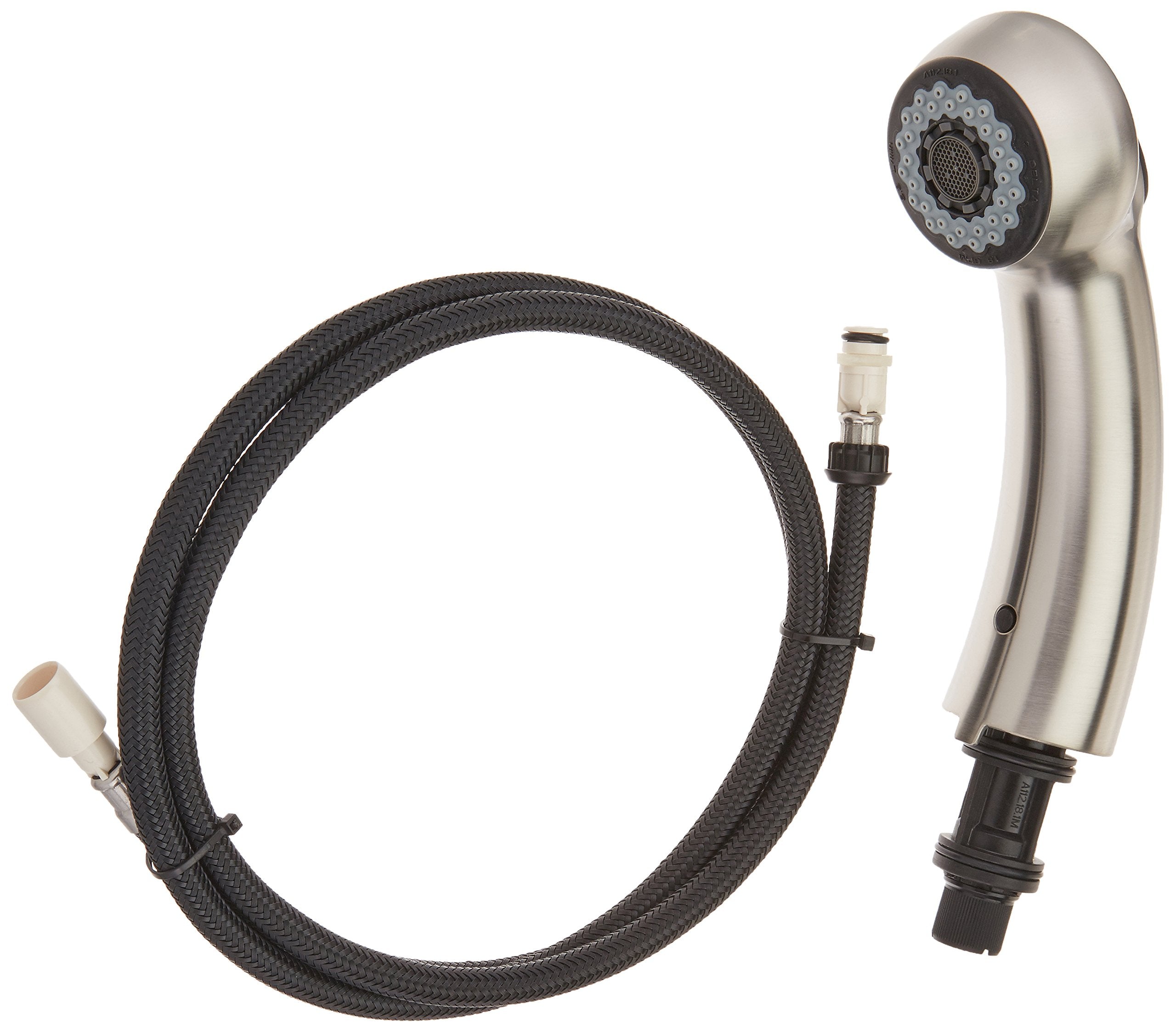 Stainless steel kitchen faucet wand assembly with multi-function spray head and black braided hose connector.