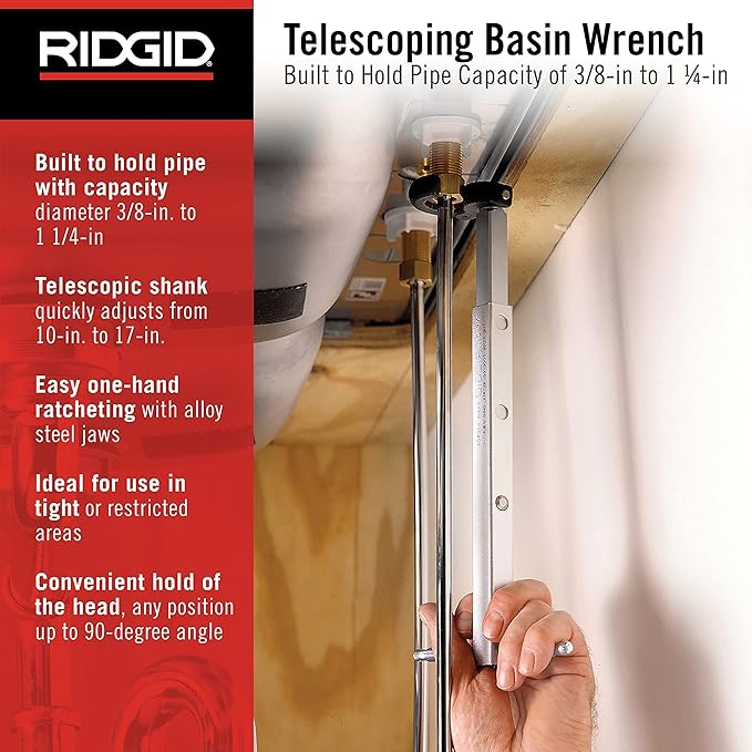 RIDGID telescoping basin wrench with adjustable shank, alloy steel jaws, and brass fitting grip.