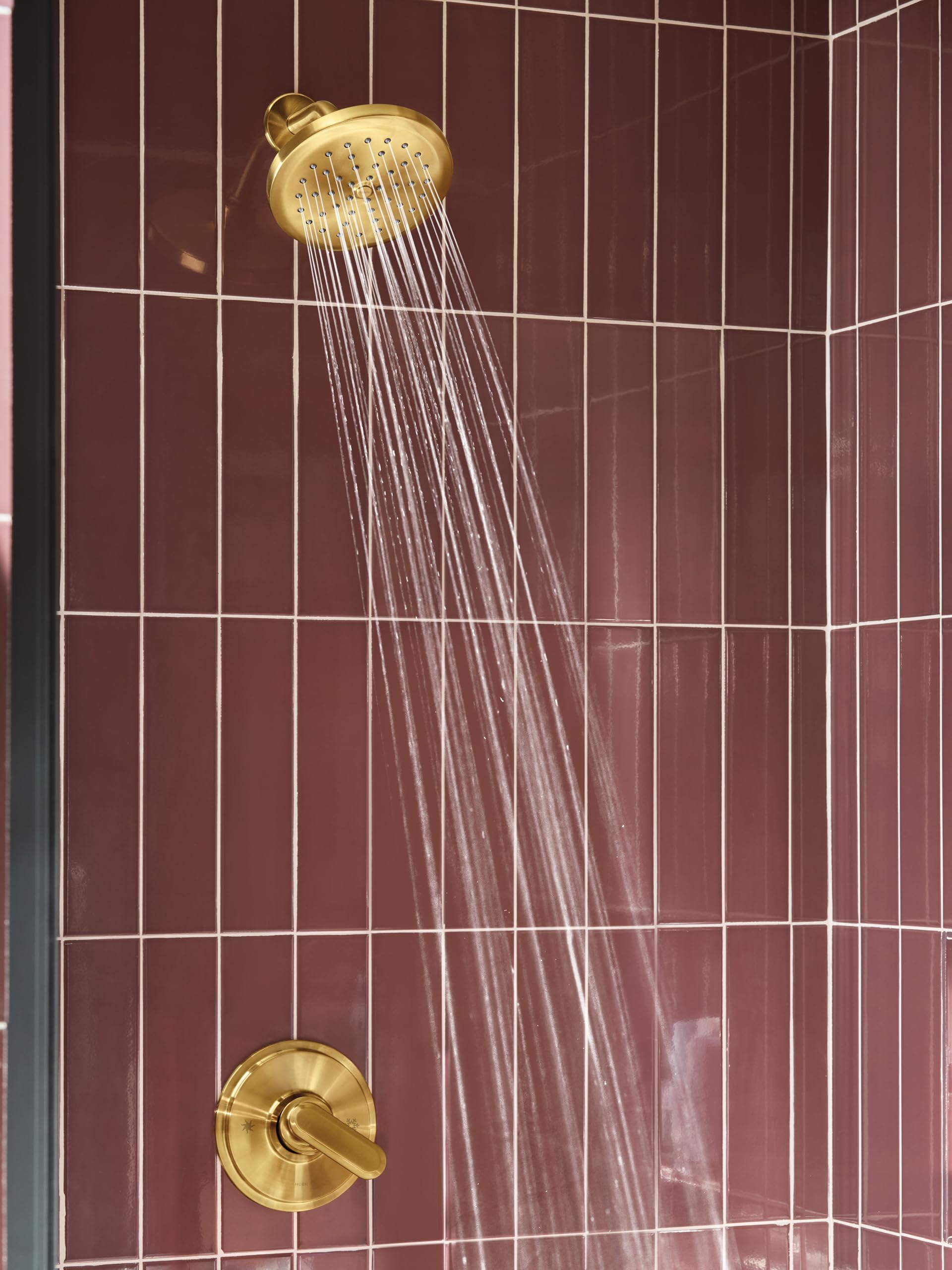 Brushed gold shower trim with wide circular showerhead and lever handle mounted on burgundy tile wall.