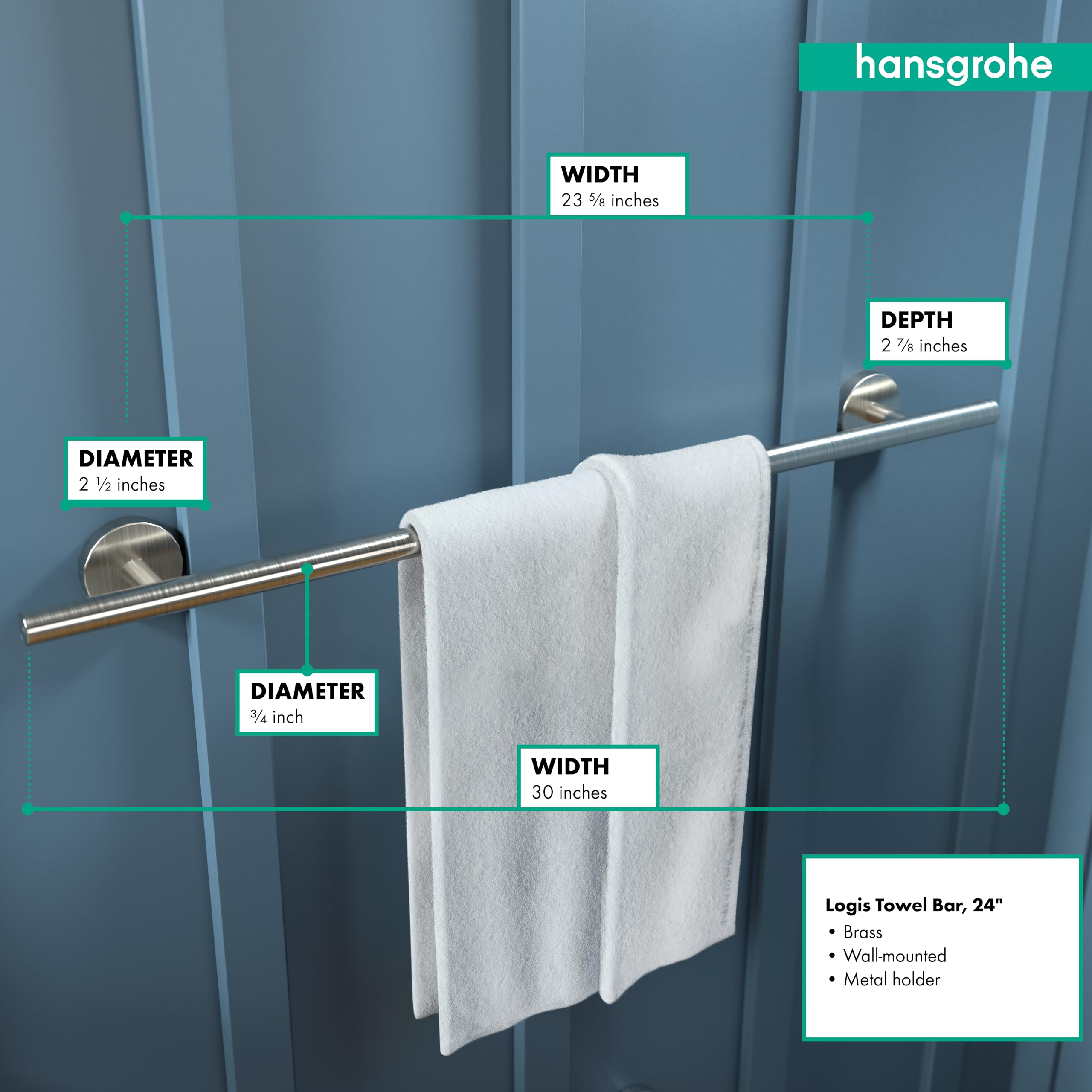 Brushed nickel towel bar mounted on blue wall with white towel draped over rod.