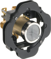 Brass and black pressure balance rough-in valve with white cartridge insert and mounting brackets visible from front angle.