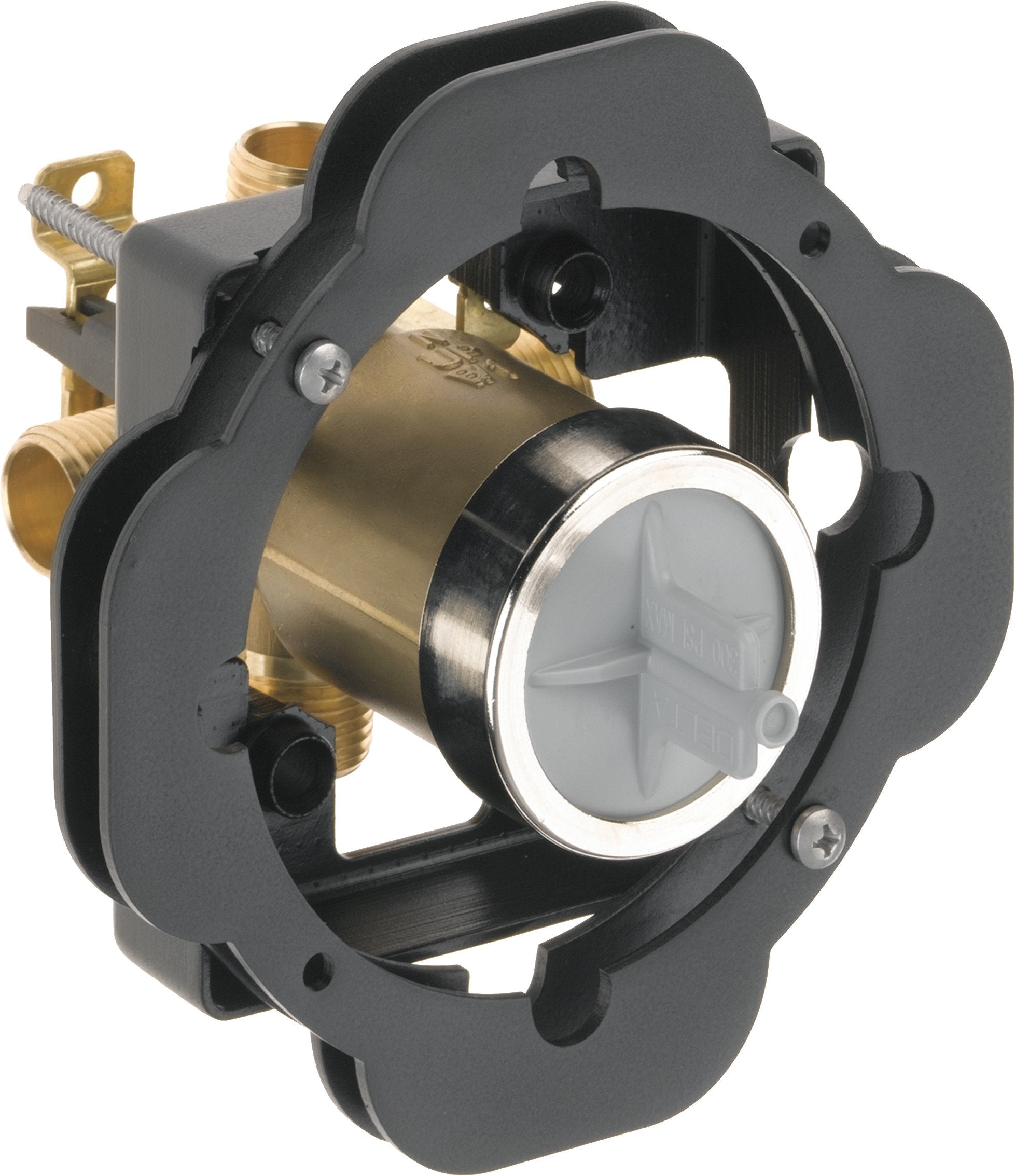 Brass and black pressure balance rough-in valve with white cartridge insert and mounting brackets visible from front angle.