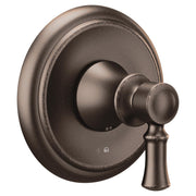 Oil-rubbed bronze single-handle shower valve trim with round escutcheon plate and lever handle.