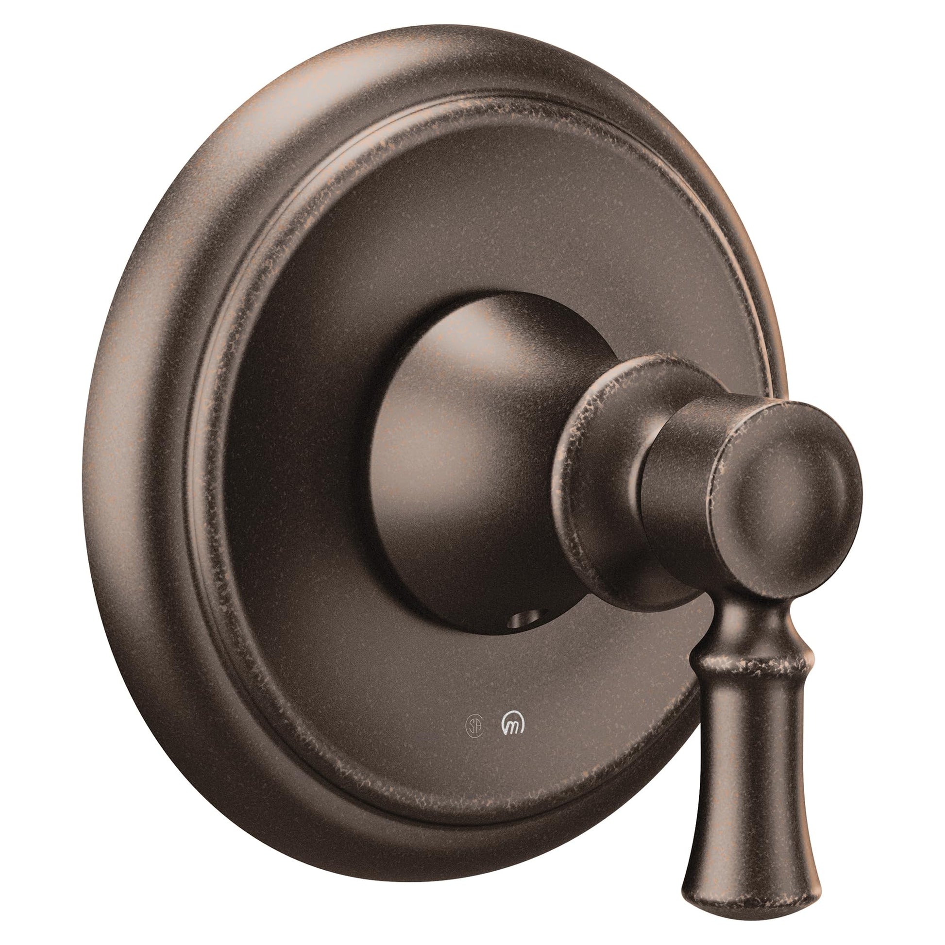 Oil-rubbed bronze single-handle shower valve trim with round escutcheon plate and lever handle.