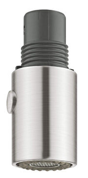 Grohe Supersteel pull-out spray head with threaded connection and control button on side.