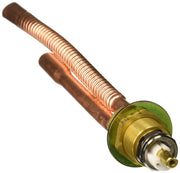 Copper tube with threaded middle section and brass valve assembly with green escutcheon at end.