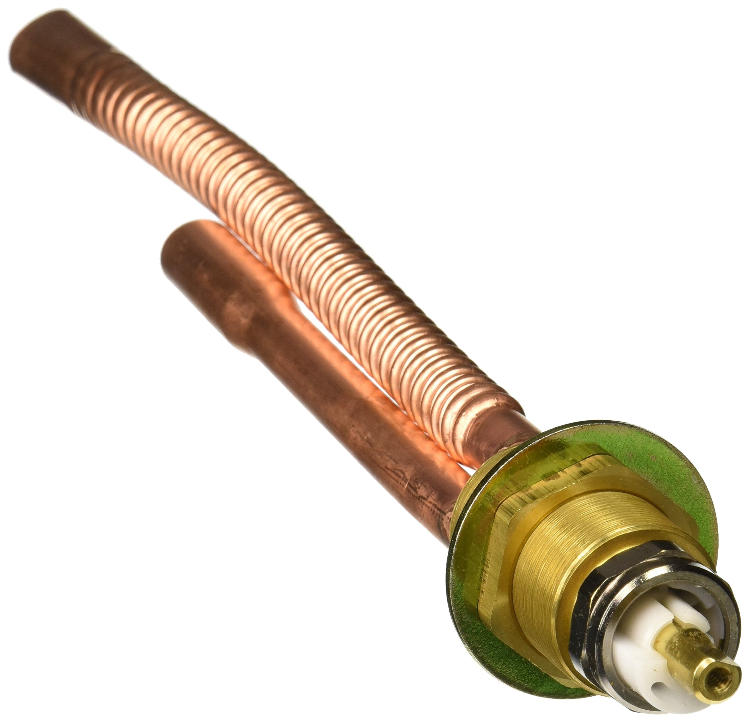 Copper tube with threaded middle section and brass valve assembly with green escutcheon at end.