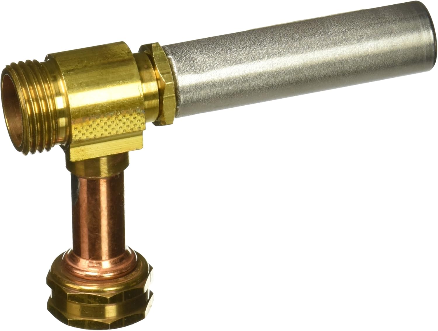 Brass and copper water hammer arrestor with 3/4-inch threaded connection and stainless steel cylinder.