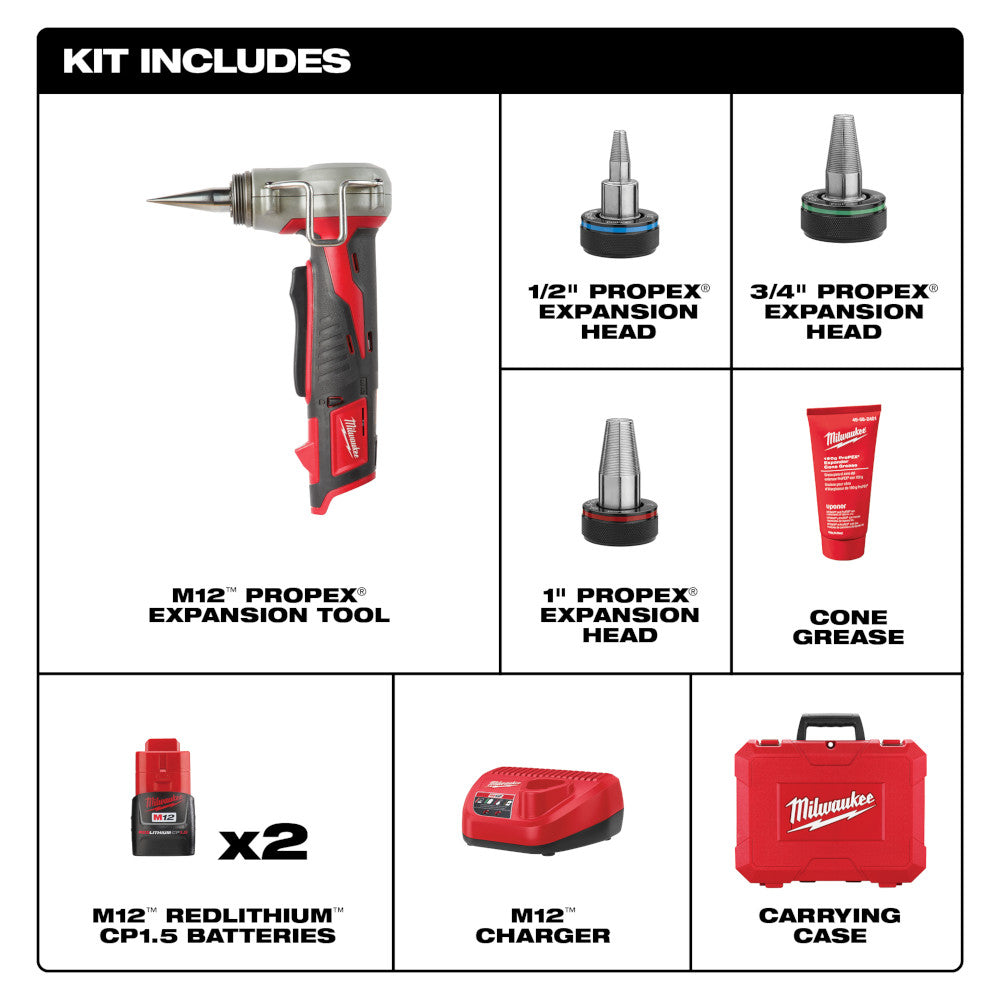 M12 ProPEX expansion tool kit with red and black cordless tool, three expansion heads, batteries, charger, grease, and carryi