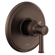 Oil rubbed bronze single-handle shower trim with round escutcheon plate and cylindrical lever handle.