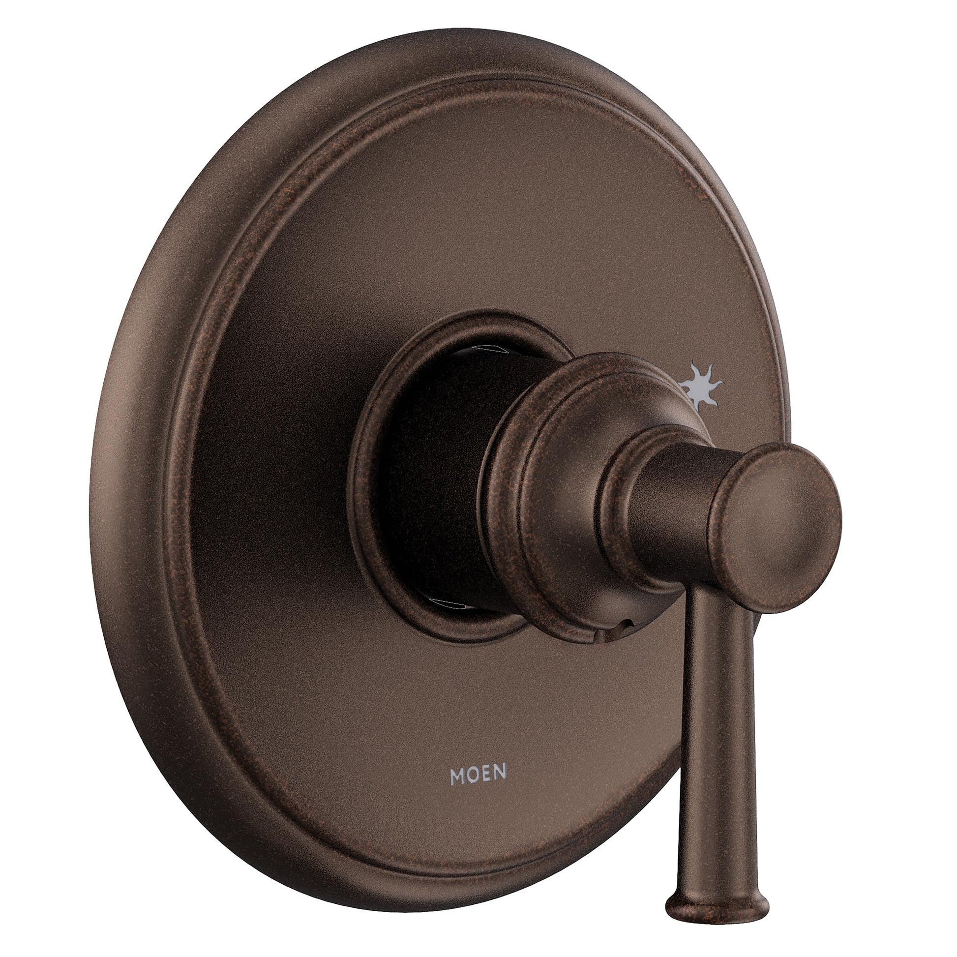 Oil rubbed bronze single-handle shower trim with round escutcheon plate and cylindrical lever handle.