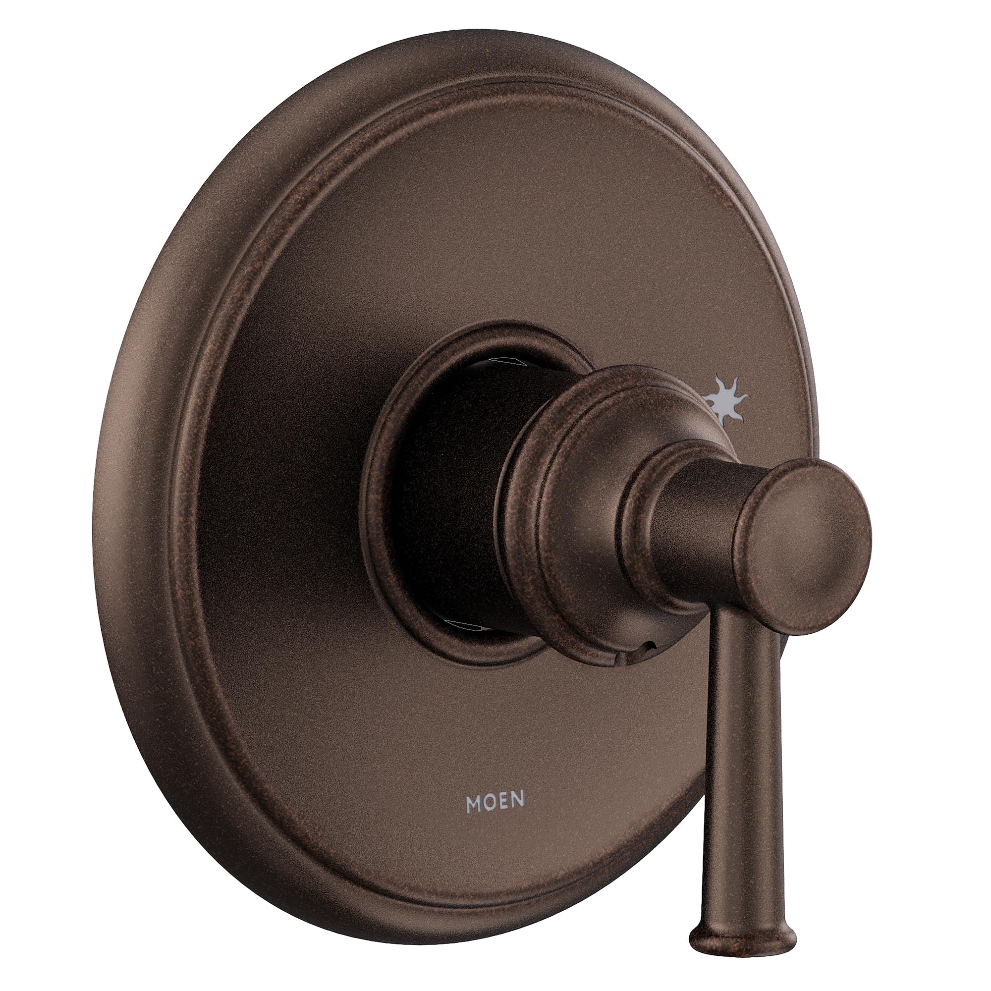 Oil rubbed bronze single-handle shower trim with round escutcheon plate and cylindrical lever handle.