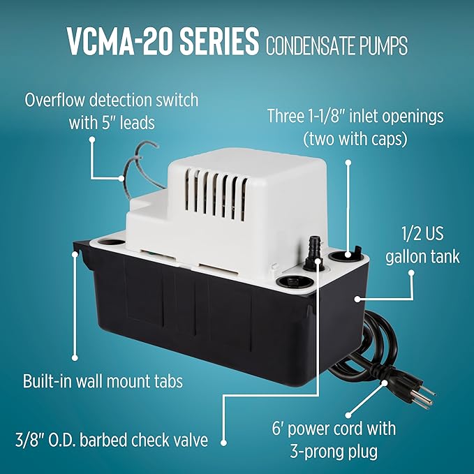 White and black VCMA-20 condensate pump with overflow detection switch, three inlet openings, built-in wall mount tabs, and 6