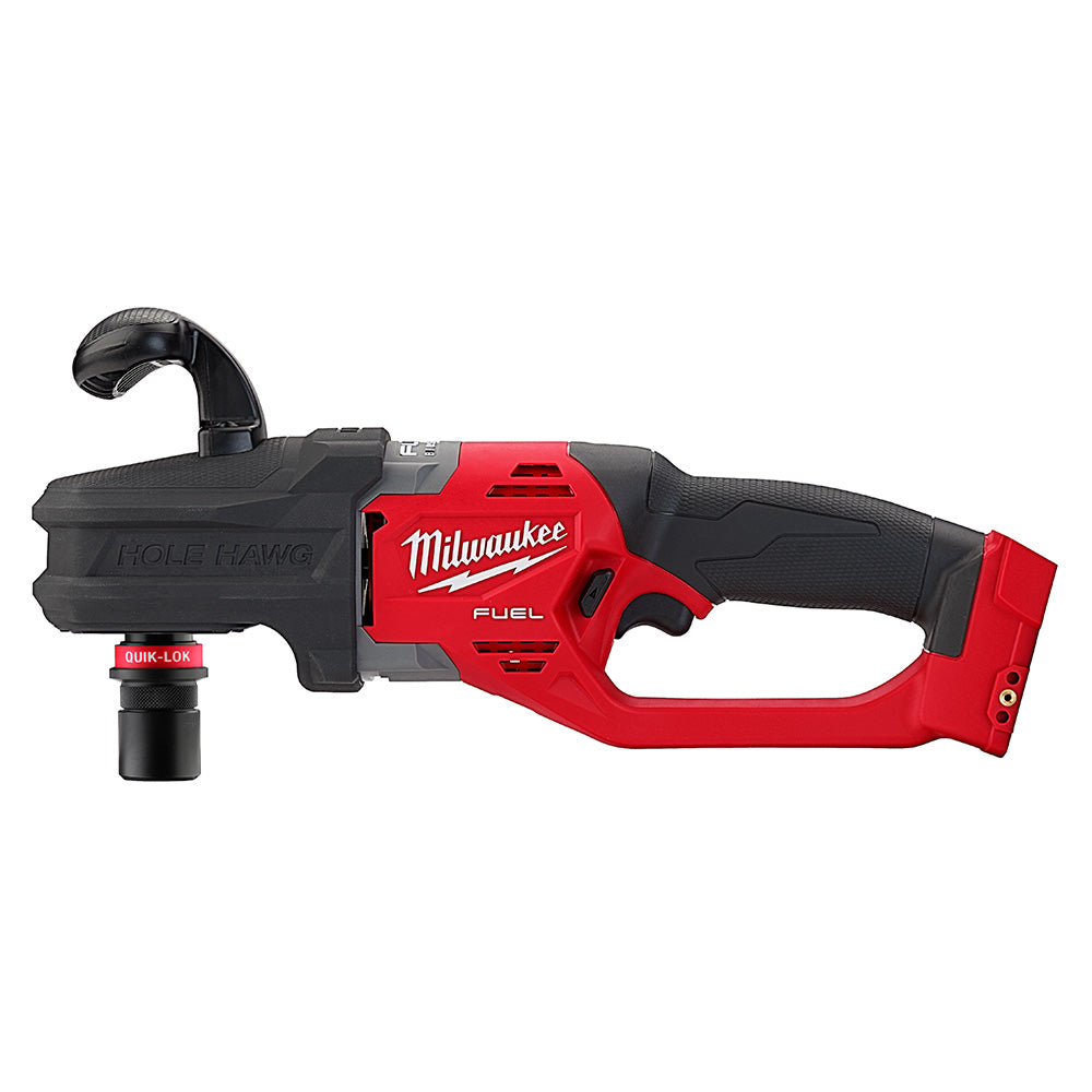 Red and black Milwaukee M18 FUEL right angle drill with curved handle and QUIK-LOK chuck attachment system.