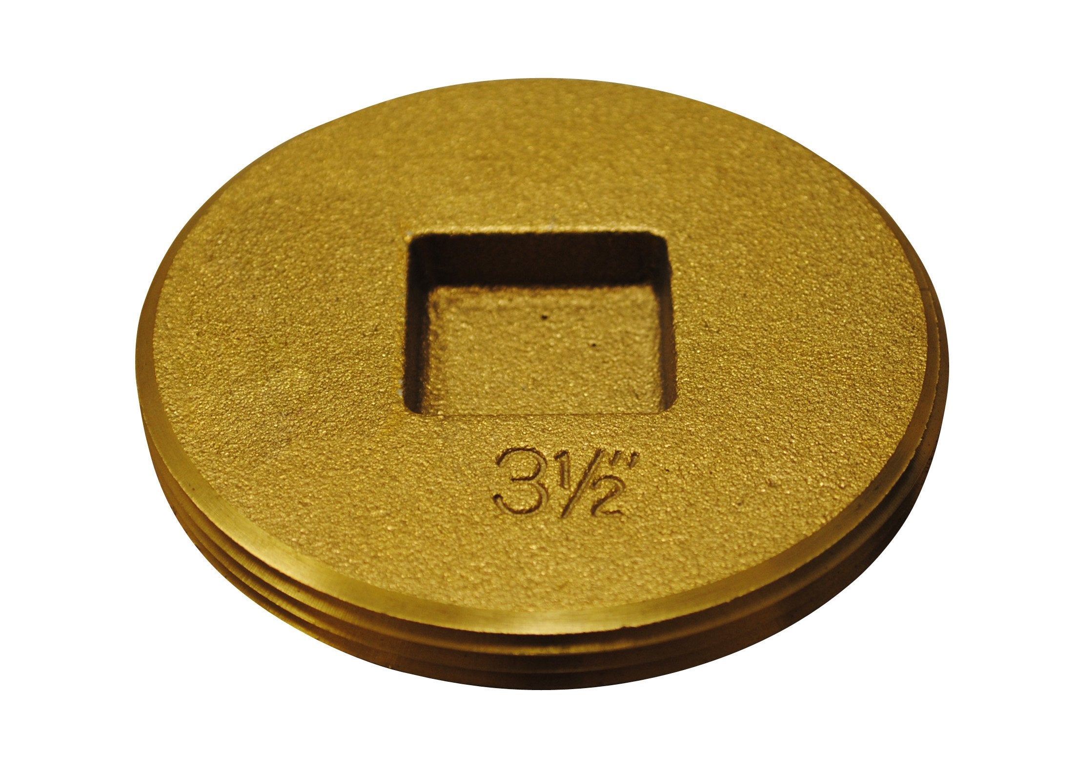 Brass cleanout plug with raised countersunk head and rectangular slot marked 3½ inches.
