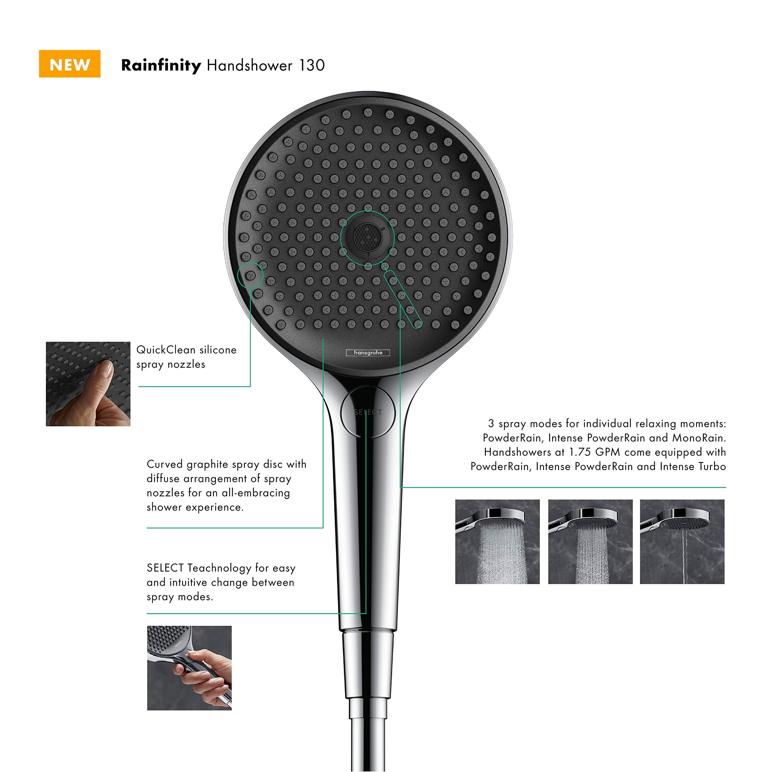 Chrome handheld showerhead with circular perforated faceplate, curved handle, and silicone spray nozzles.