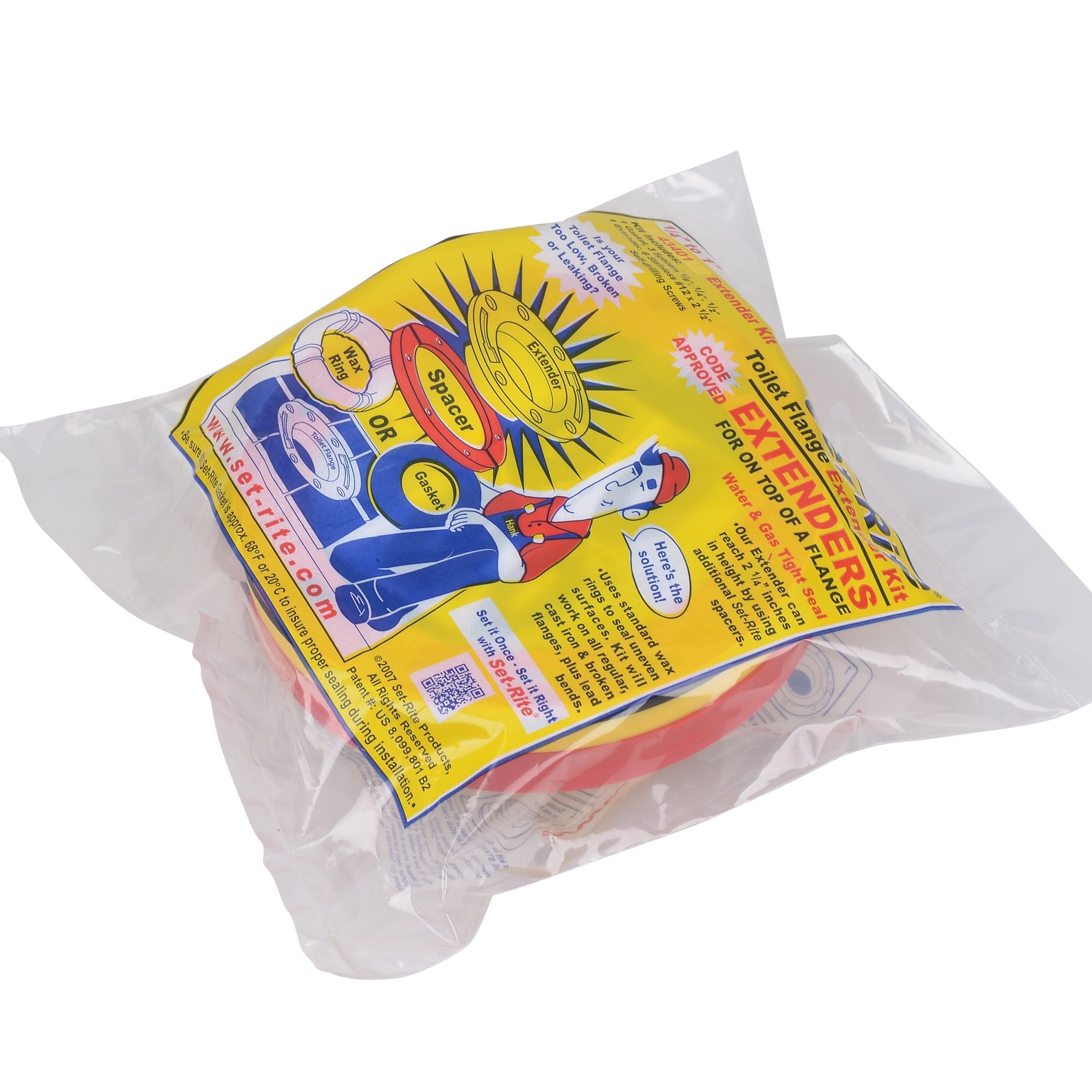 Two-pack of yellow Oatey toilet flange extender rings in clear plastic packaging with instruction label.