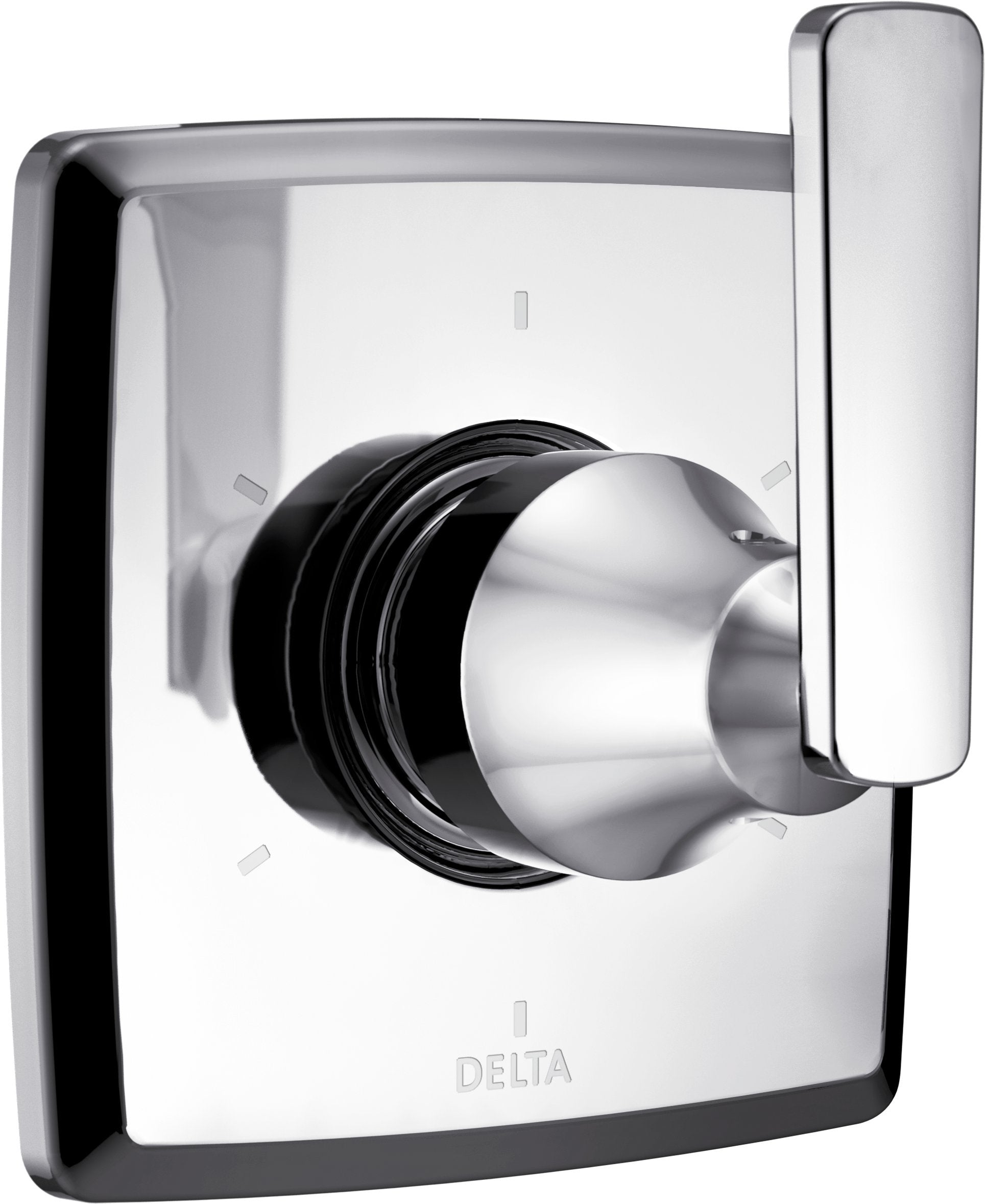 Chrome and white diverter trim with rounded rectangular escutcheon, cylindrical handle, and black accents.