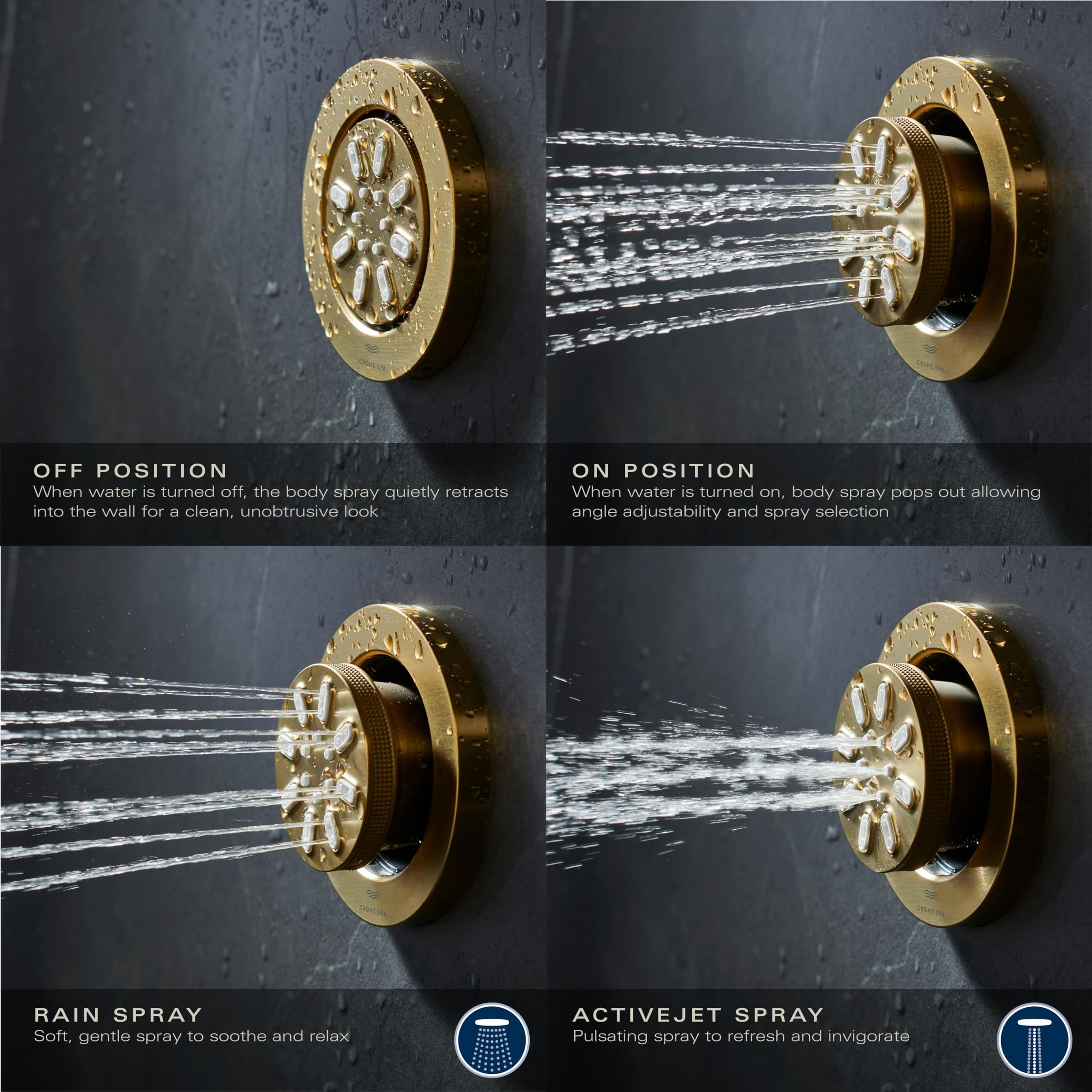 Round brass body spray mounted on gray tile wall showing off and on positions with dual spray patterns.