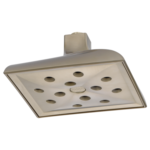 Rectangular brushed nickel ceiling-mounted shower head with multiple spray jets and mounting bracket.