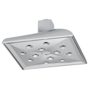 Chrome rectangular ceiling-mount shower head with multiple spray nozzles and upward-facing mounting arm.
