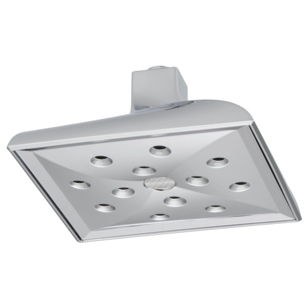 Chrome rectangular ceiling-mount shower head with multiple spray nozzles and upward-facing mounting arm.