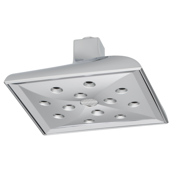 Square chrome ceiling-mount shower head with multiple spray jets and mounting bracket.