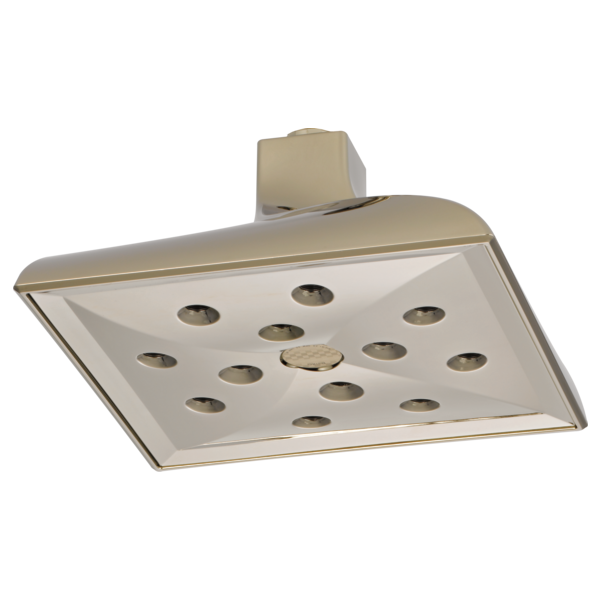 Square ceiling-mount shower head with brushed nickel finish and multiple spray jets on white face plate.