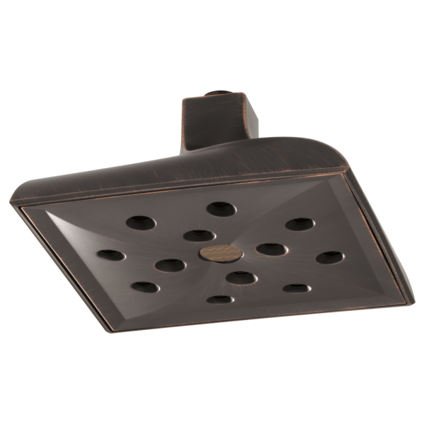 Square bronze ceiling mount shower head with multiple spray holes and mounting bracket.