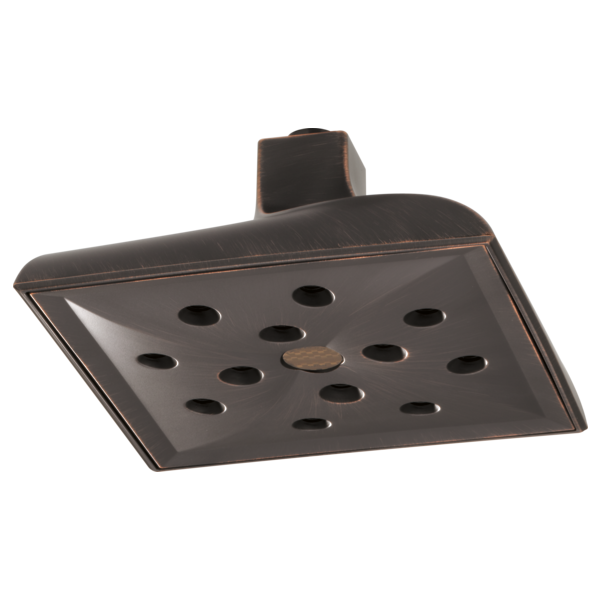 Square bronze ceiling-mounted showerhead with multiple spray holes and mounting bracket.