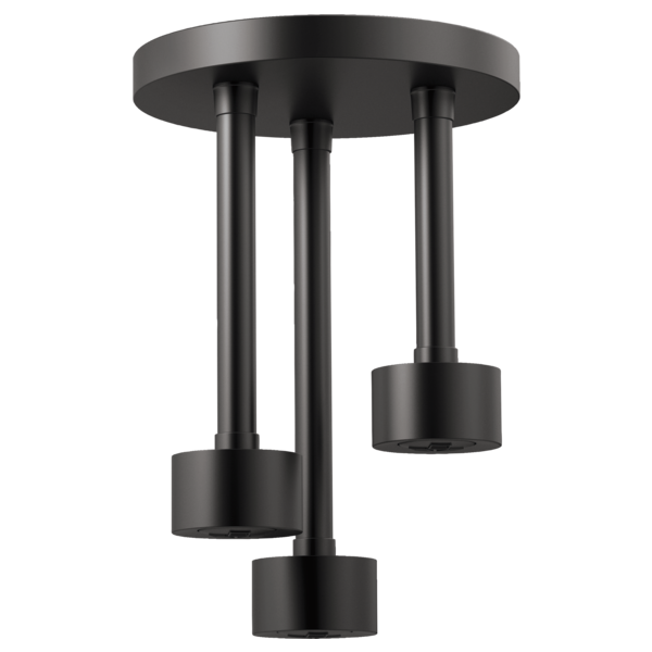 Matte black ceiling-mounted raincan shower head with three round pendant nozzles suspended from cylindrical arms.
